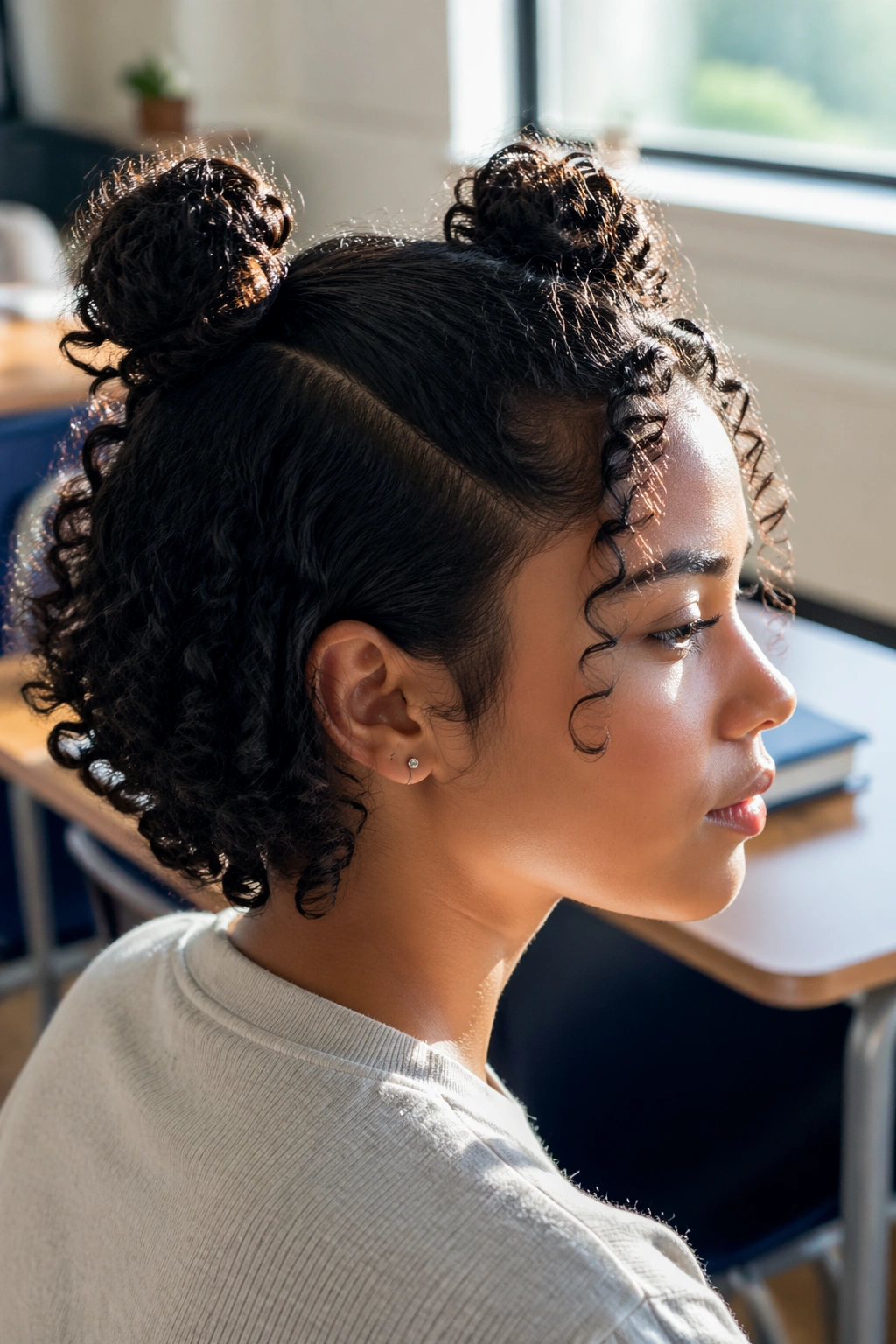 Side profile of mini space buns with curled ends