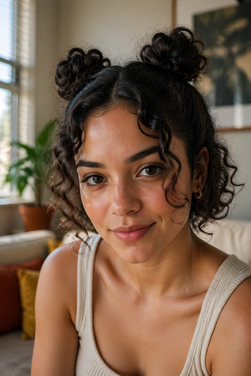 Real person with two tiny space buns on short curly hair in a cozy room