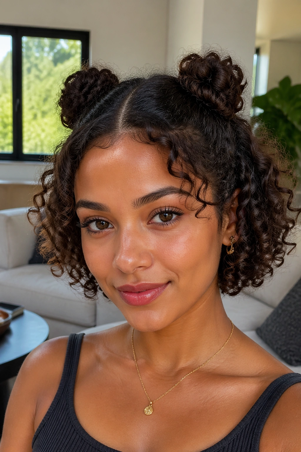Close-up of a real person with mini space buns on short curls