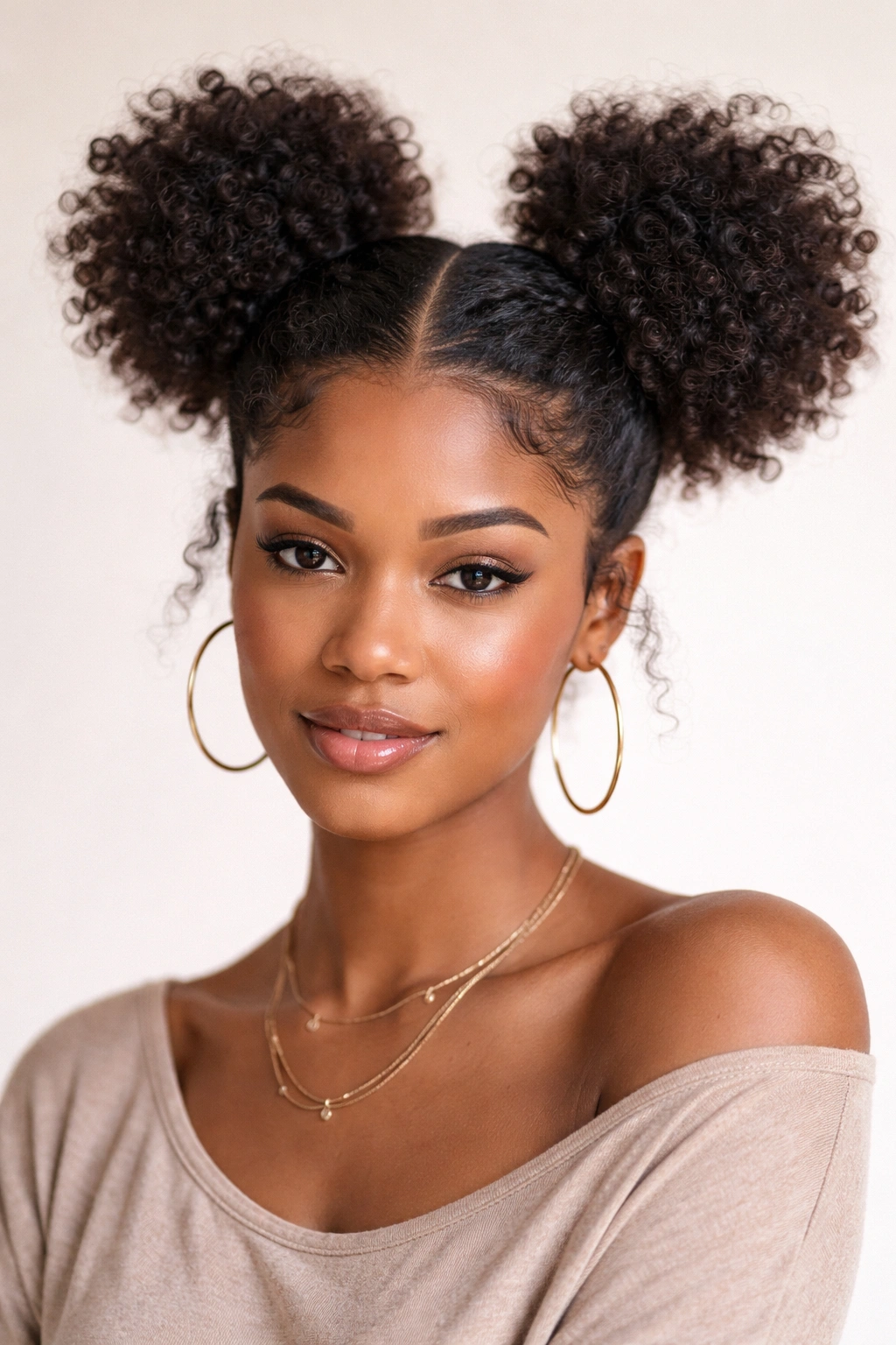 Two high space buns on curly hair with zigzag part