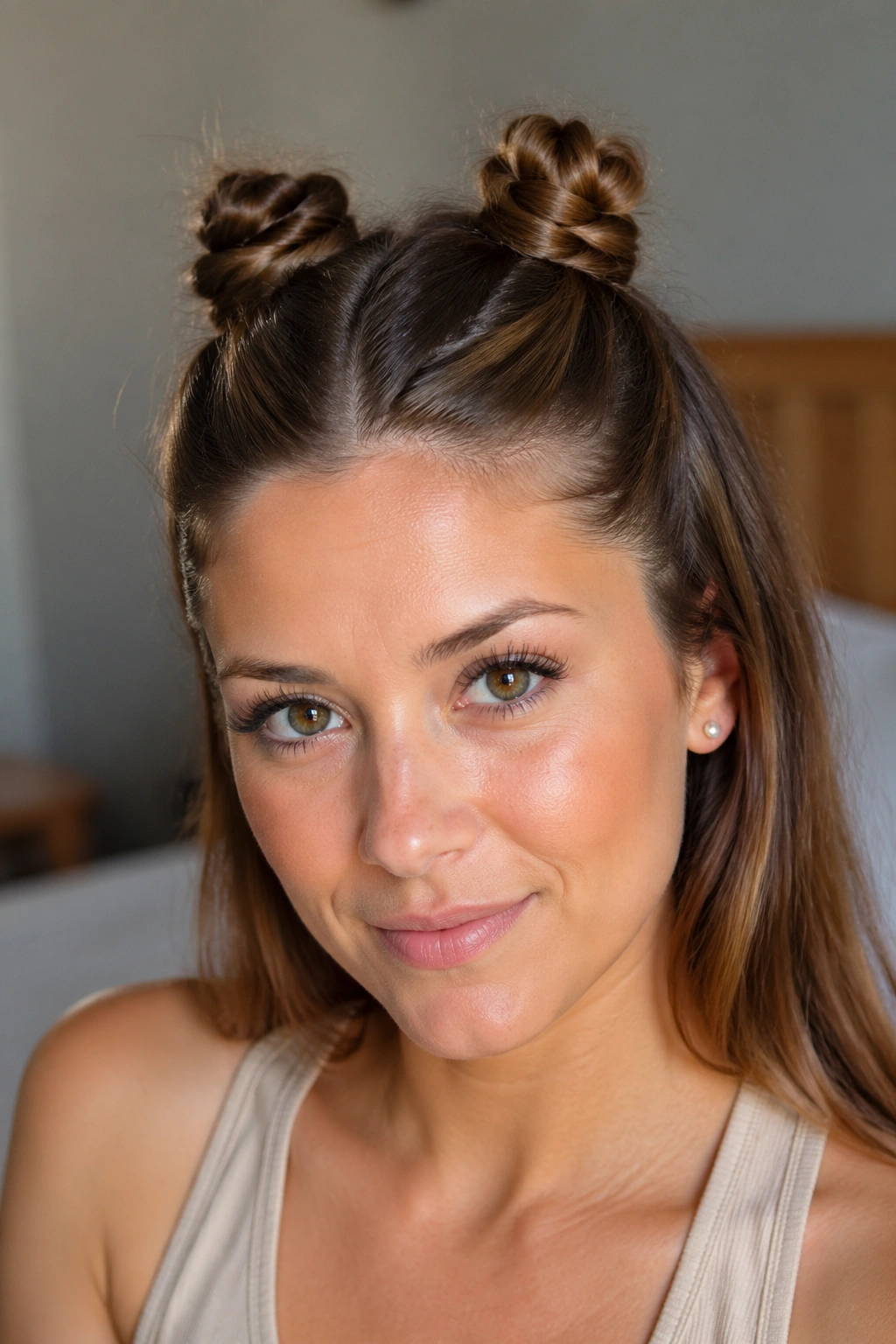 Real woman with mini space buns half up ponytail