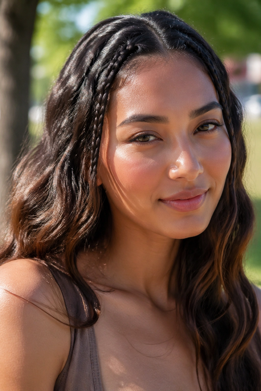 Close-up portrait of a real person with mini temple braids and loose waves outdoors