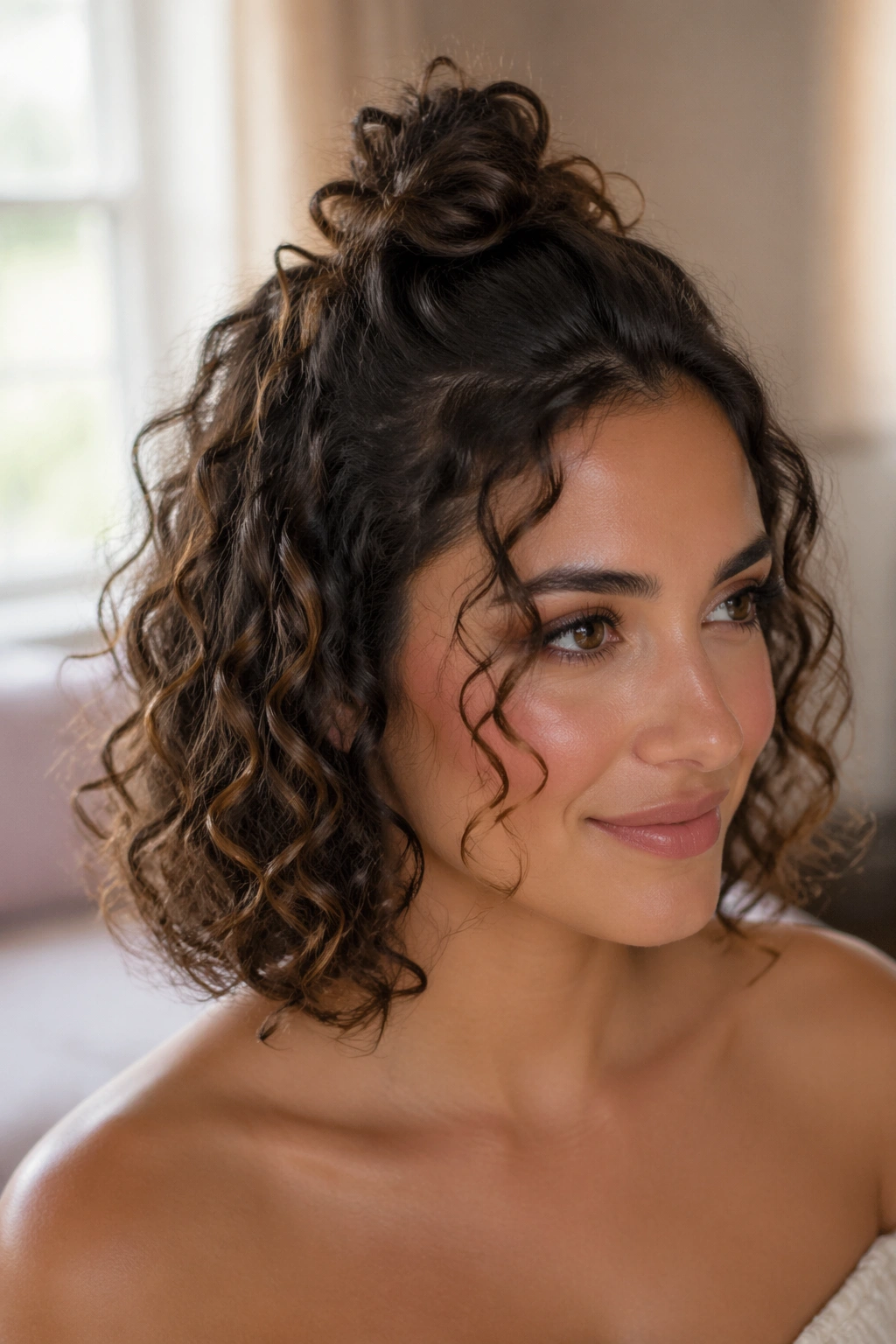 Close-up of a real woman with a tiny top knot and face-framing curls in a bridal prep room