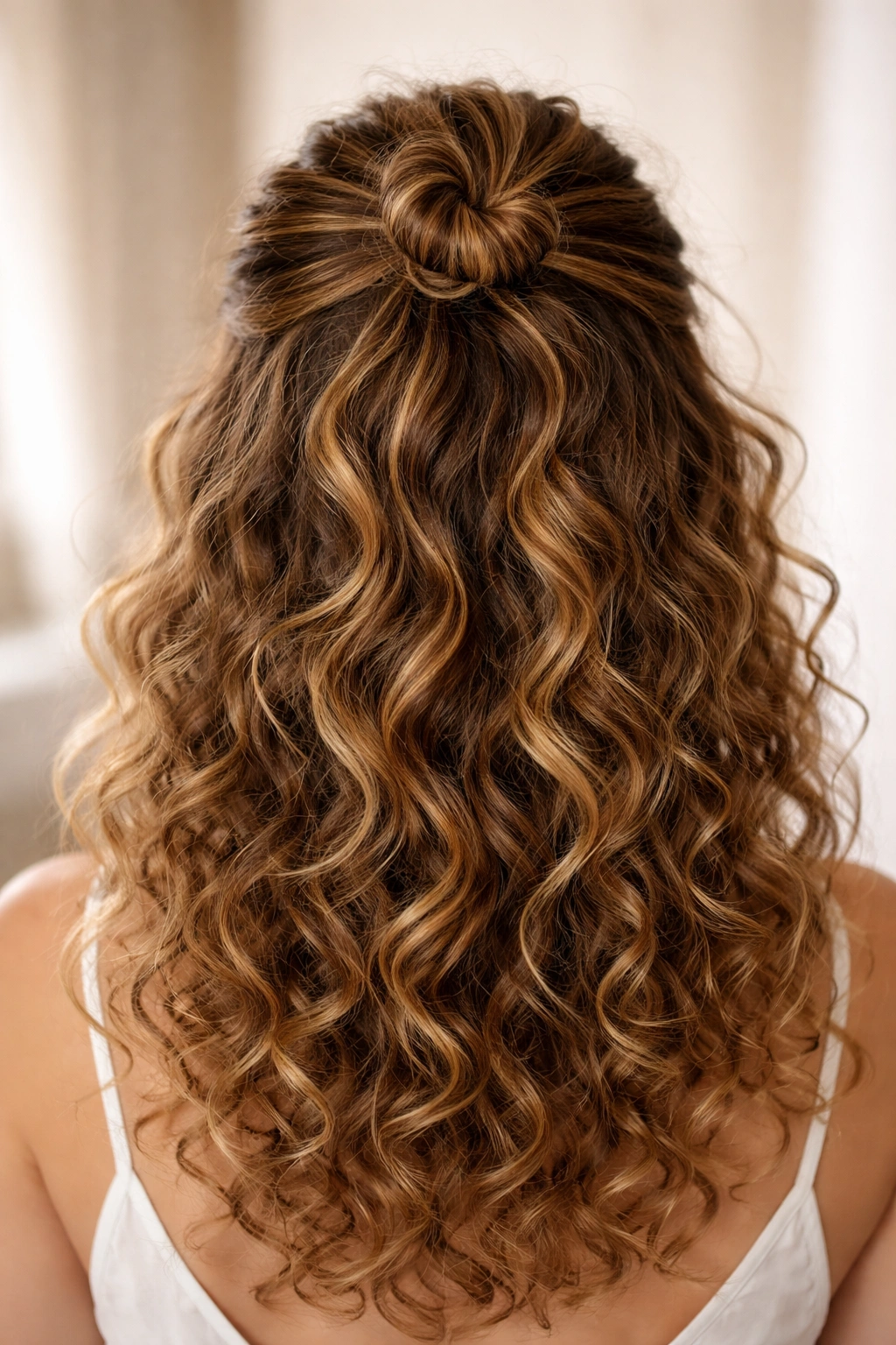 Close-up of a tiny crown knot on curly hair with loose curls around