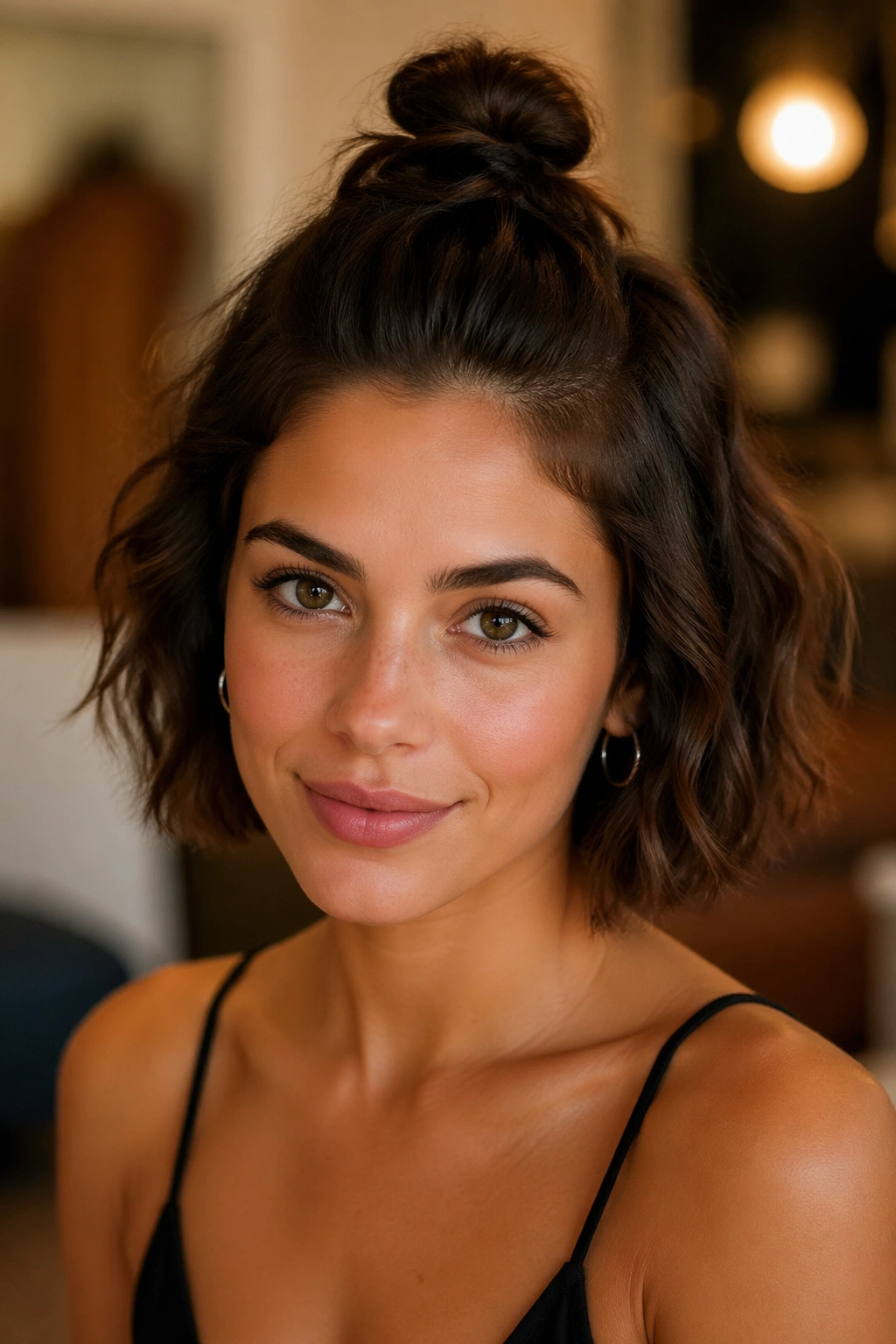 Close-up of a real woman with a mini top knot half-up hairstyle