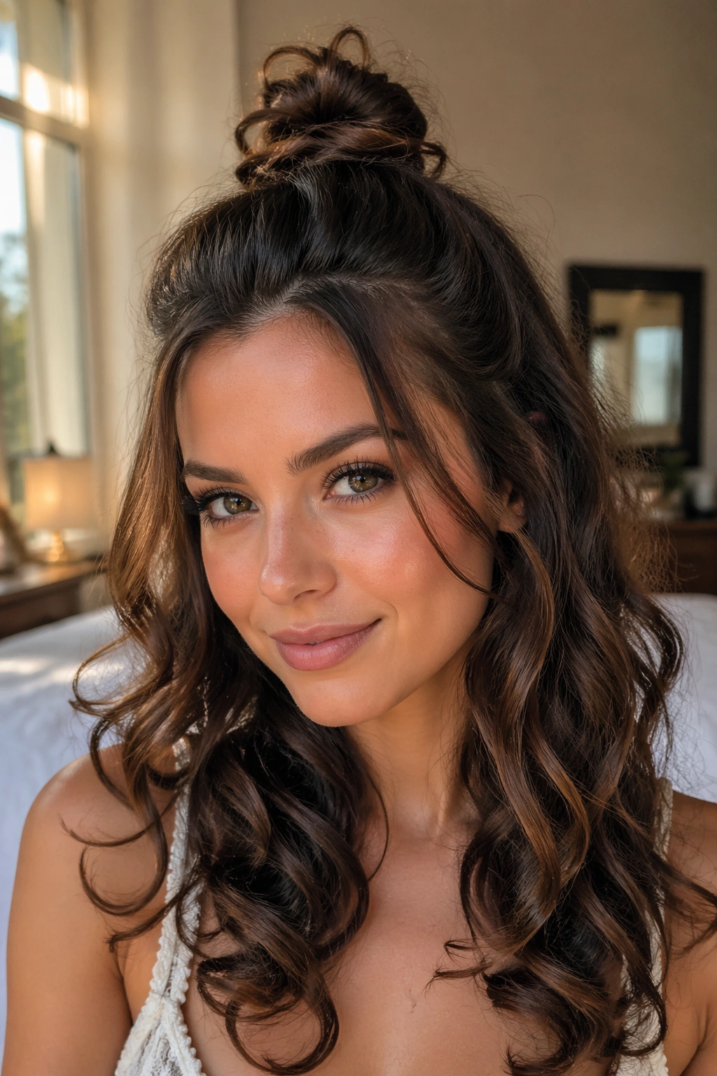 Close-up of a real woman with a mini top knot and loose curls in warm window light.