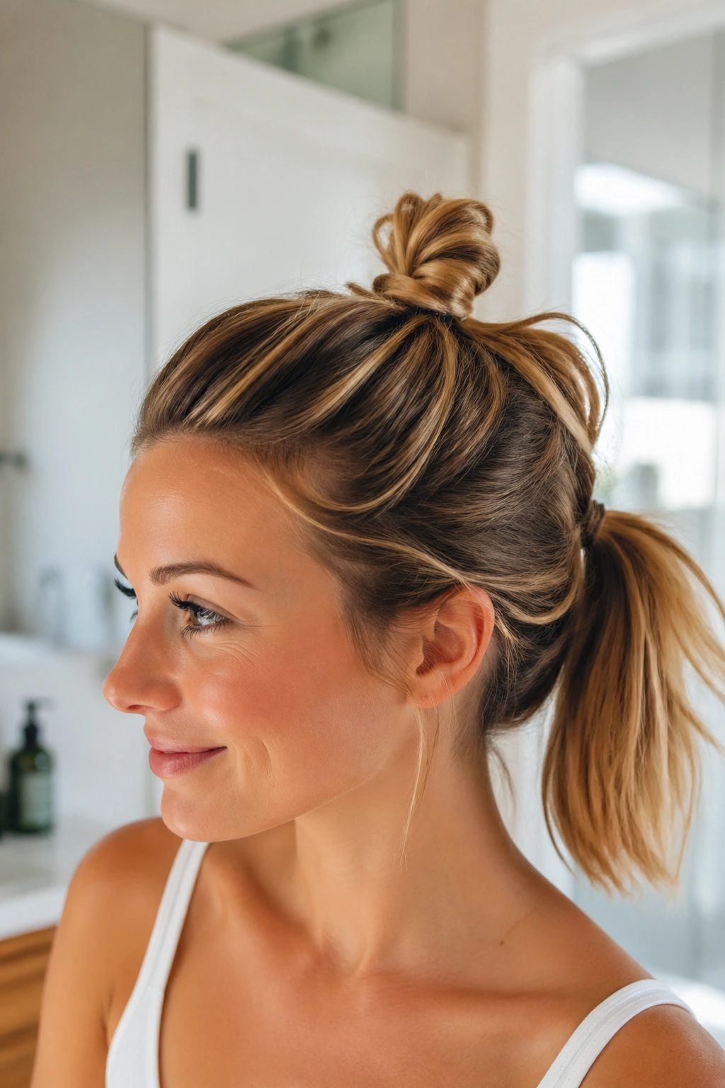 Close-up of a real woman's tiny topknot and ponytail in a bright room