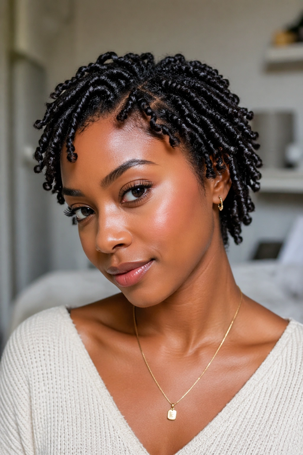 Close-up of a real person with tiny two-strand twists on short curly hair