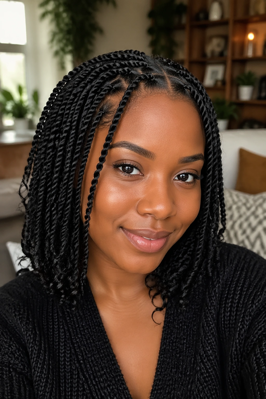 Close-up of a real Black woman with neat mini twists in a cozy indoor setting