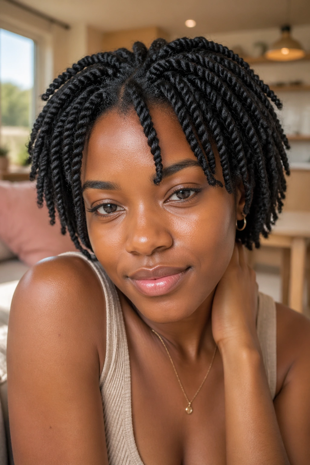 Close-up of a real person with mini twists on small tight curls in a sunlit living room