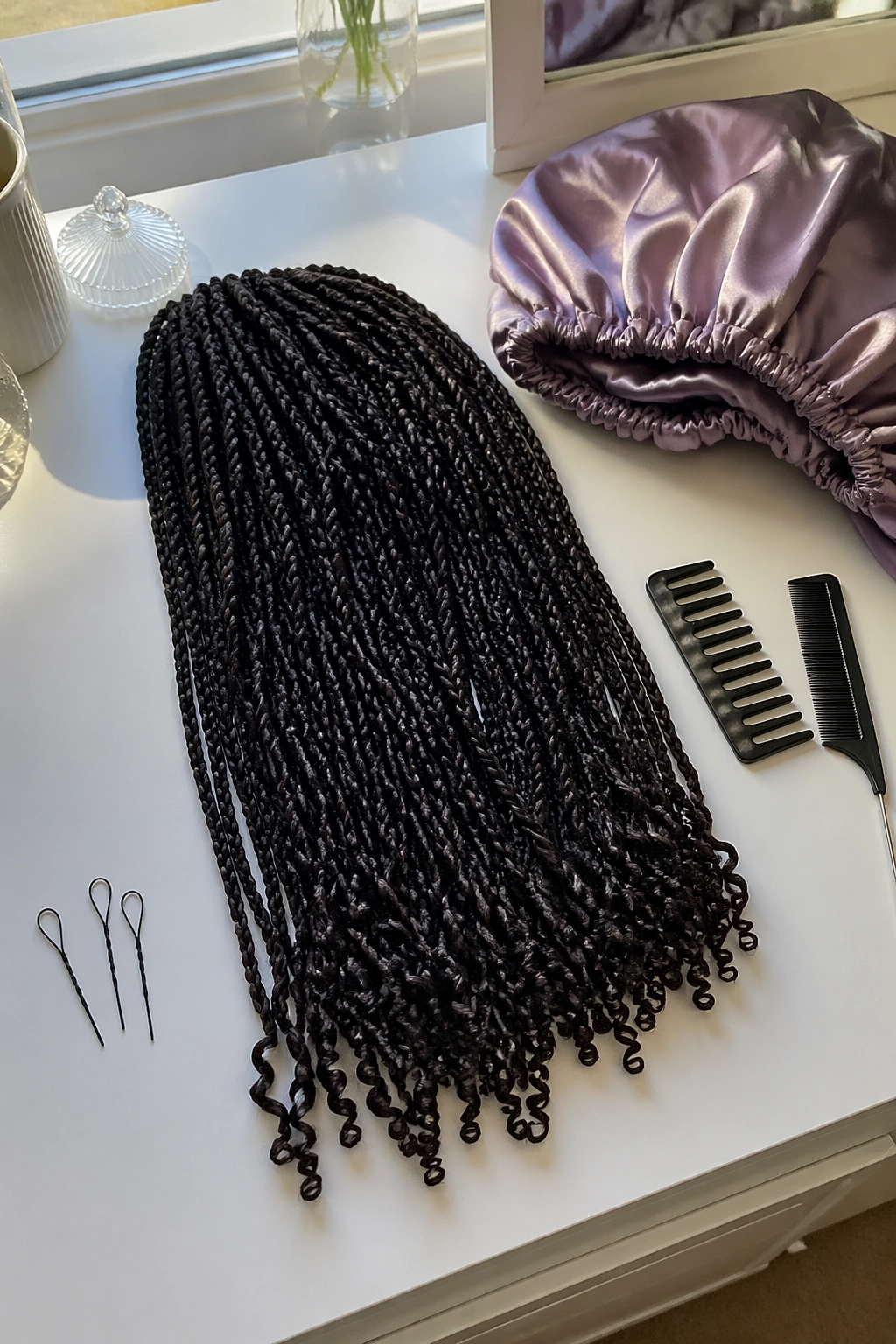 Flat-lay of mini twist braids with tiny curly ends and tools.