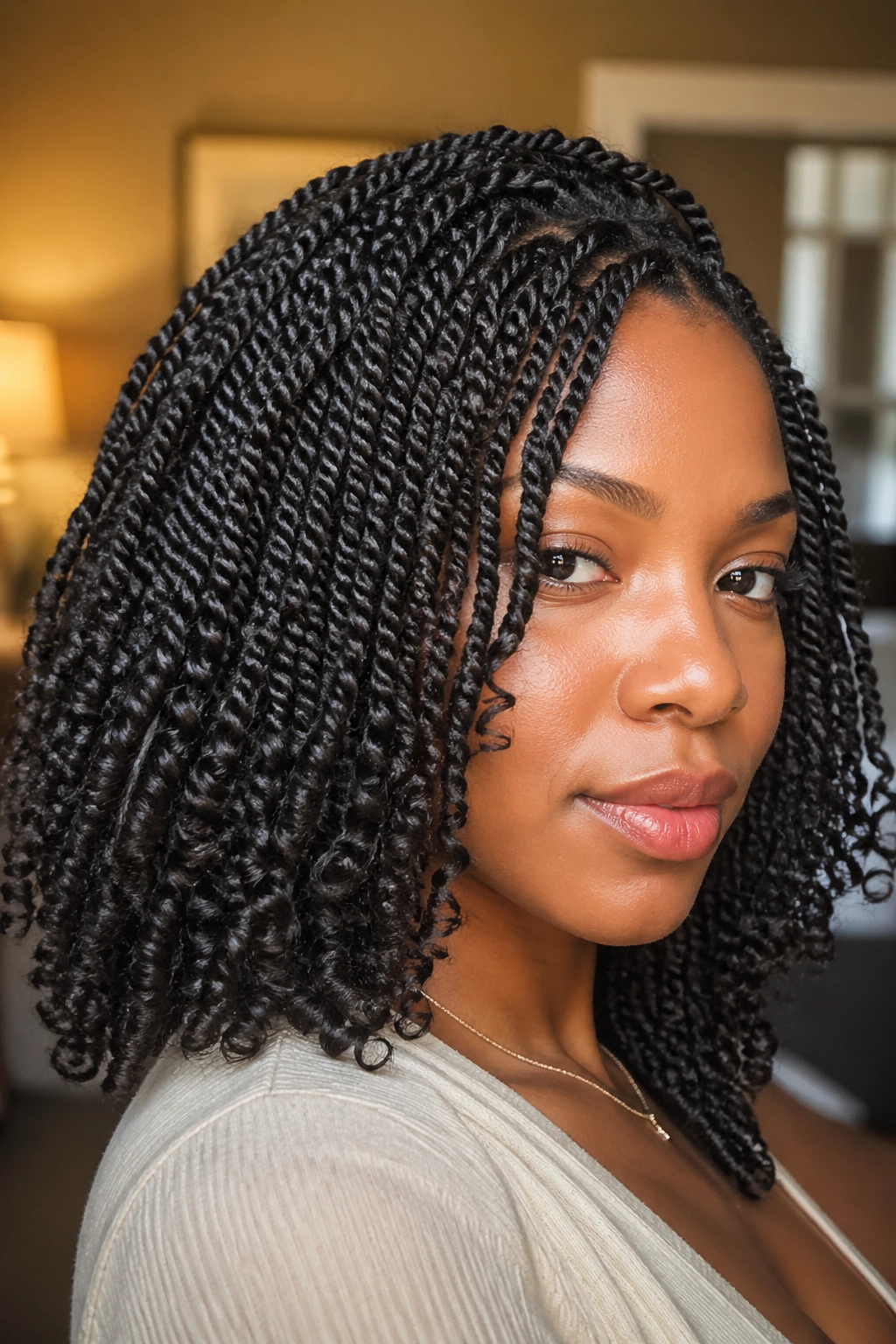 Close-up of a real woman with dense mini twists and curly tips
