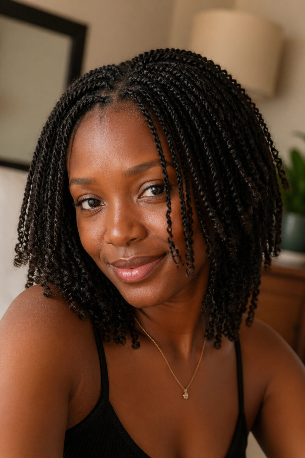 Close-up of a real person wearing mini twists all over the head