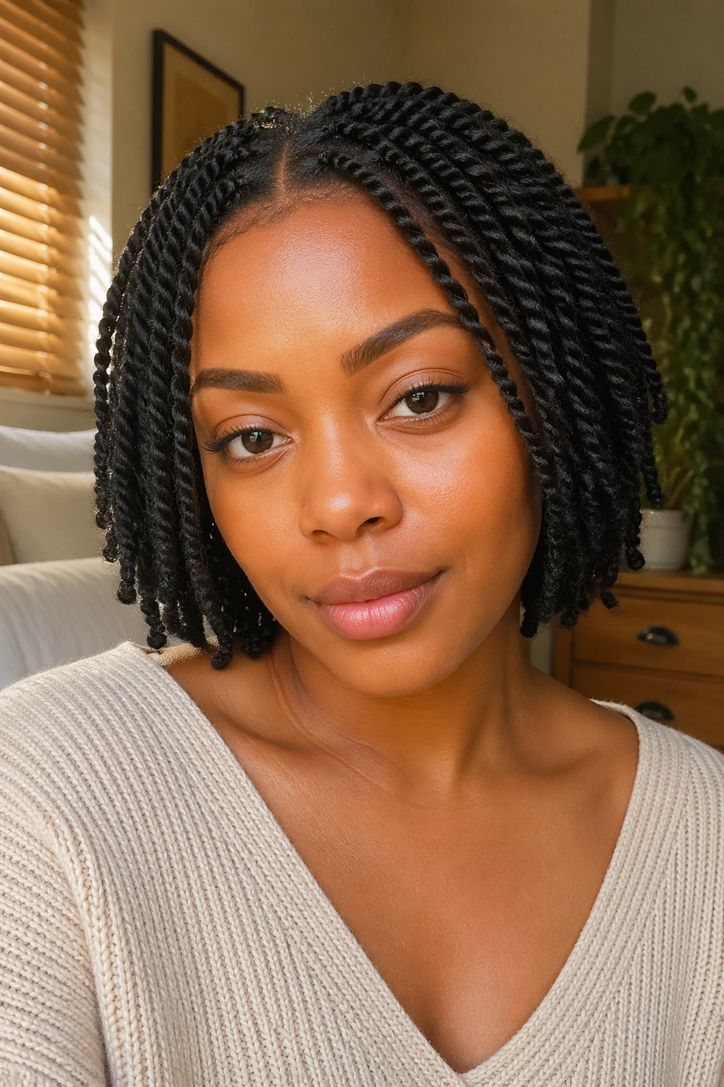 Close-up of mini twists on a real Black woman's head in a cozy room