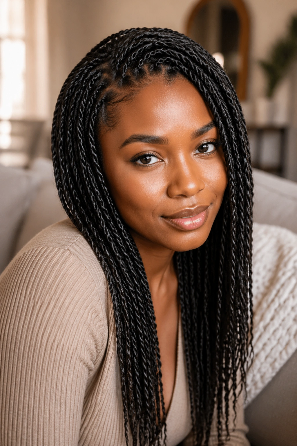 Close-up of a real person with neat mini twists filling the frame in a cozy indoor setting