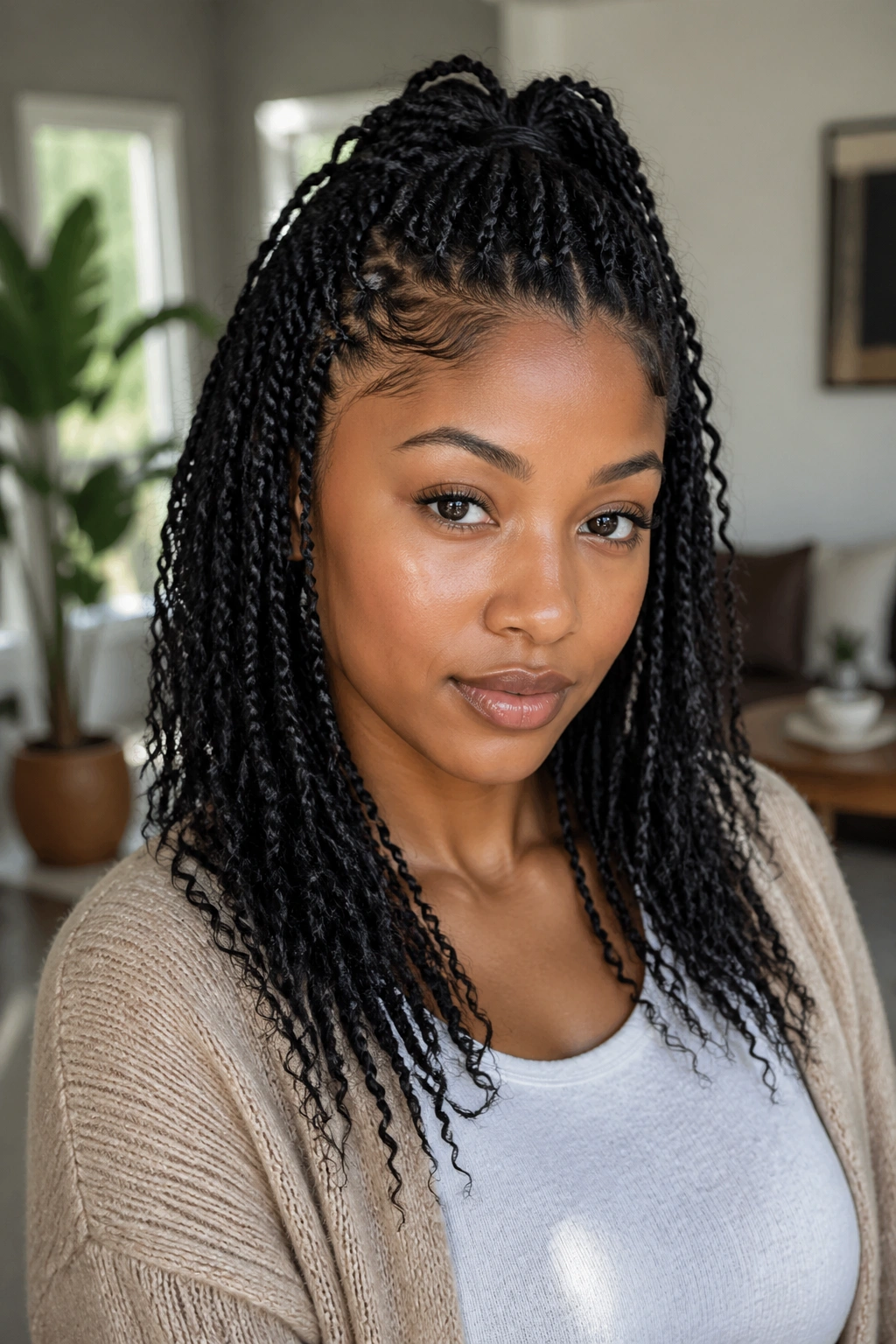 Close-up of a real woman with mini twists half-up hairstyle.