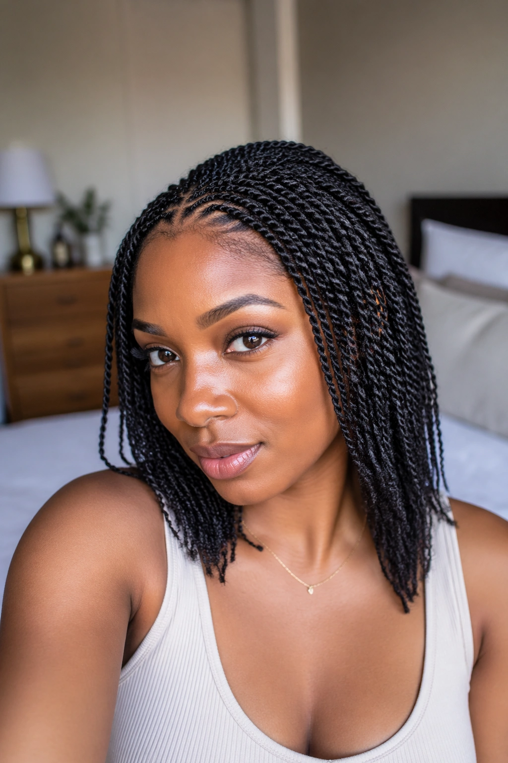 Close-up of a real woman with neat pencil-width mini twists