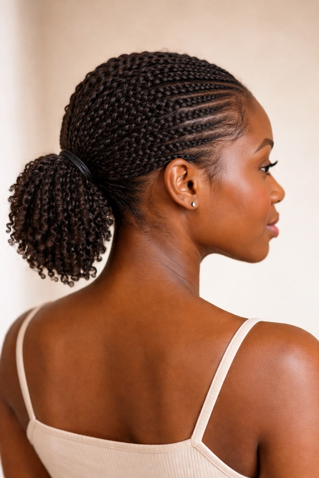 Close-up of mini twists forming a low ponytail on short natural hair