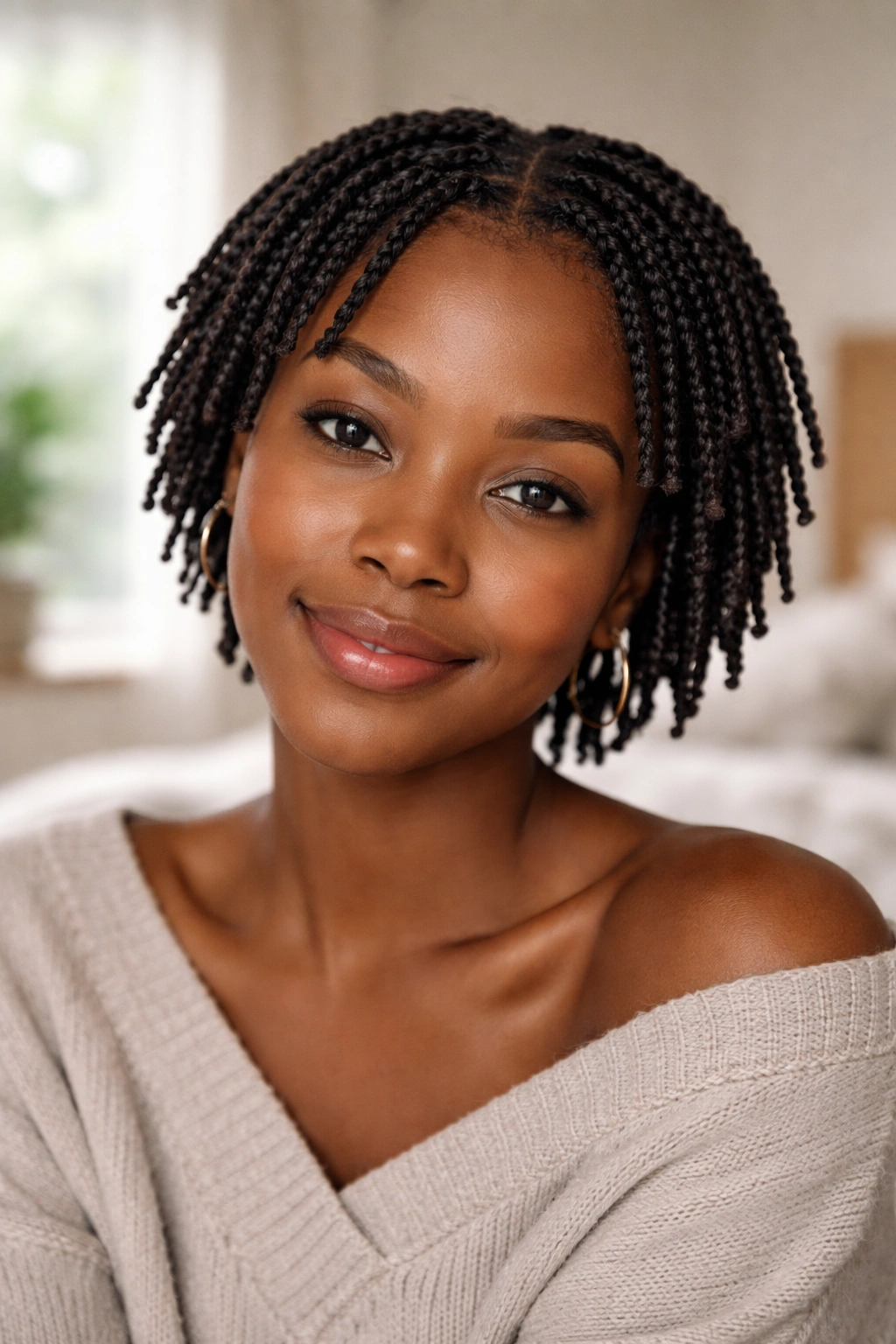 Close-up of a real woman with many tiny twists on short natural Afro hair in a cozy bedroom setting