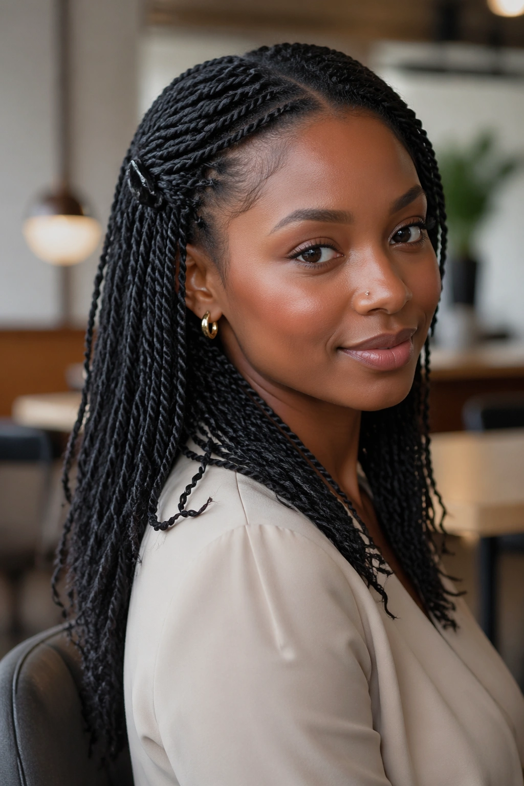 Real person with mini twists, pinned back for a tidy work-ready look.