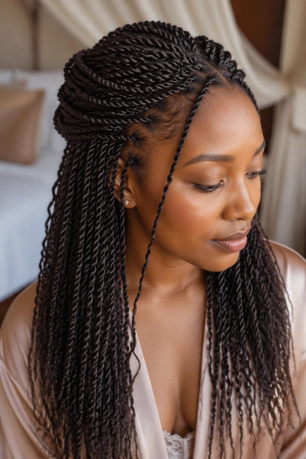 Close-up of a real woman wearing mini twists pinned crown hairstyle