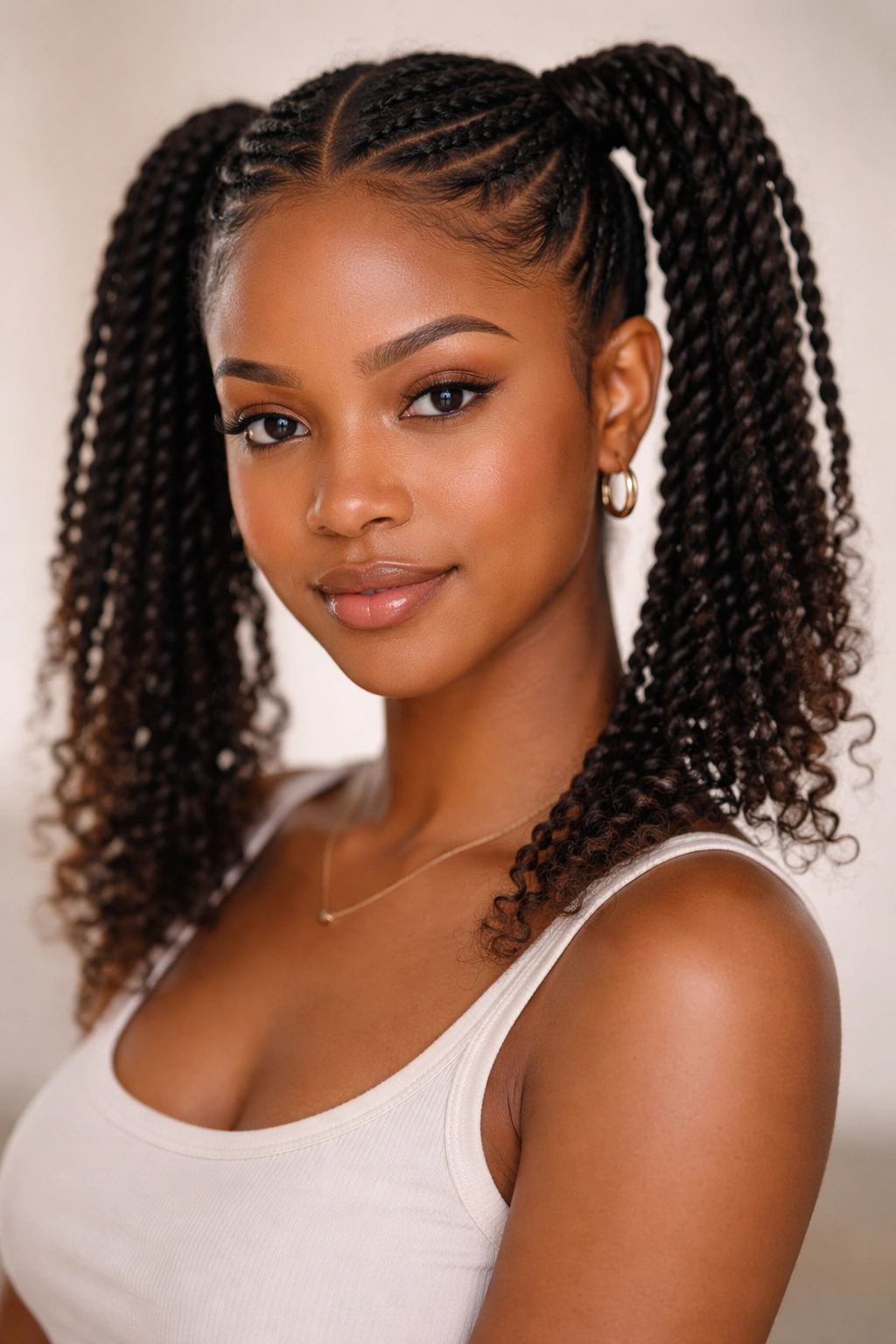 Close-up of mini twists forming two airy ponytails on natural hair