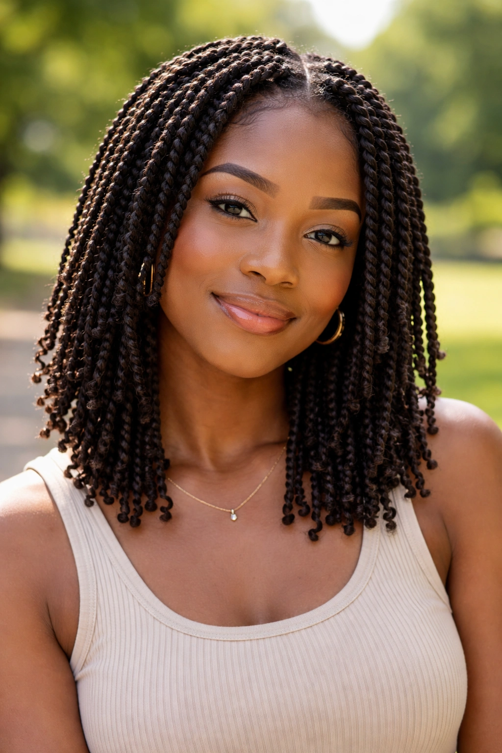 Portrait of a person with mini twists in a sunny park