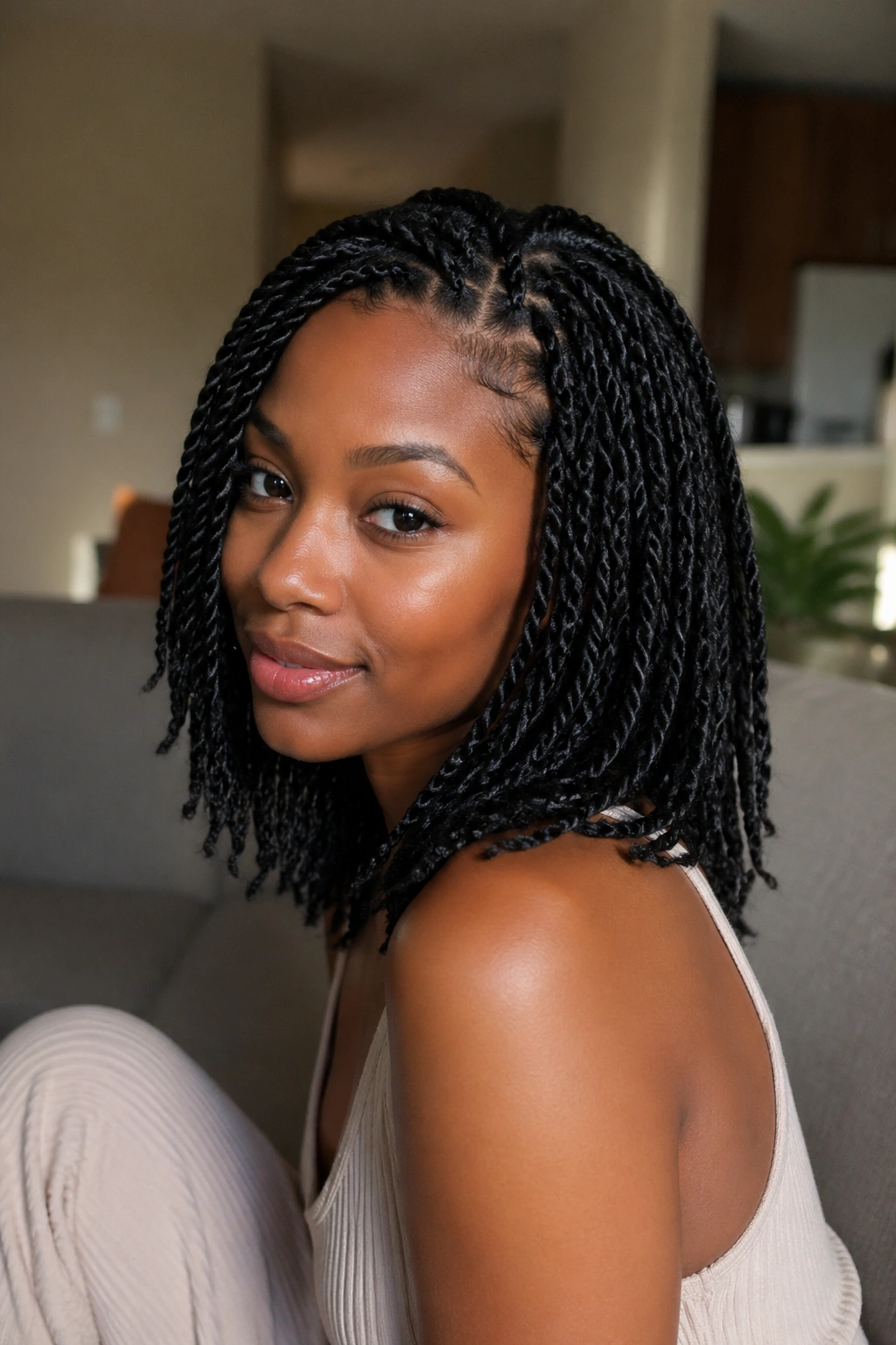 Close-up real woman with mini twists under natural window light
