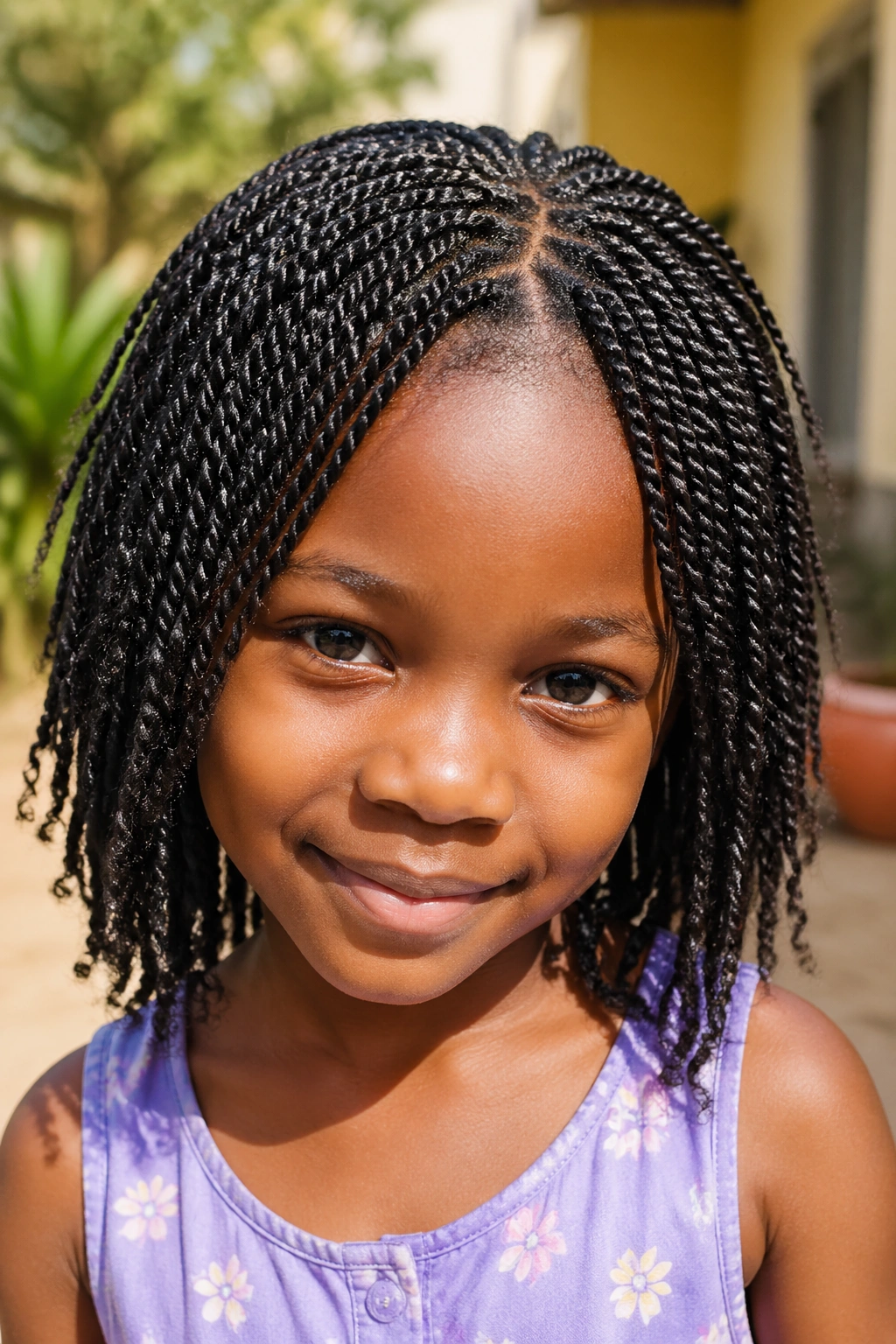Close-up of a child with dense mini twists across the head