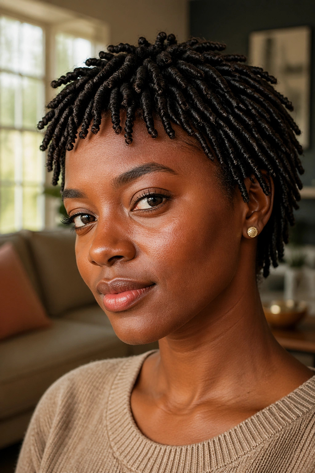 Close-up portrait of a Black woman with mini twists on a short cut, warm window light