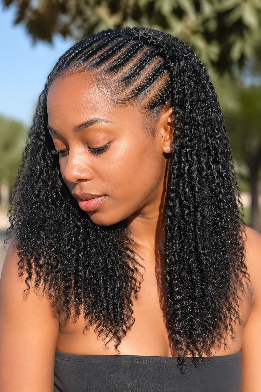 Close-up of a real woman's half cornrows with stretched mini twists at the bottom