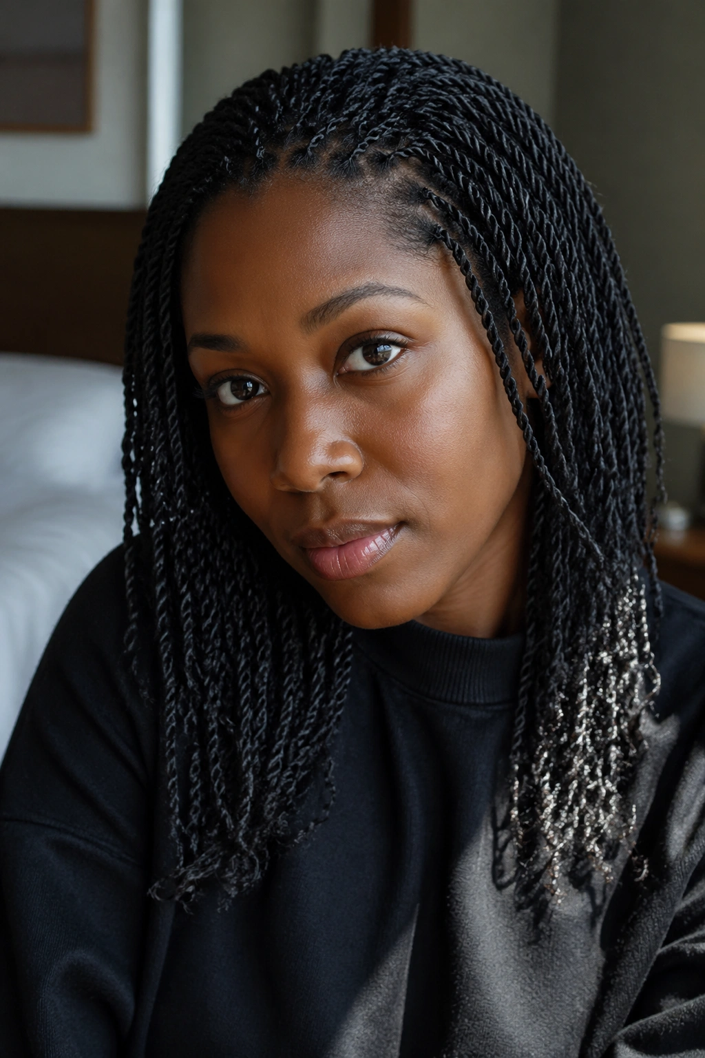 Close-up portrait of a real woman with mini two-strand twists in natural light