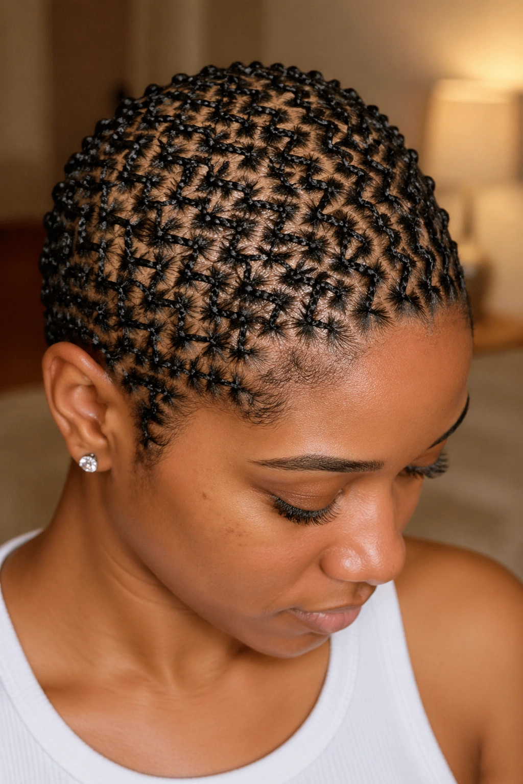 Real woman with tiny zigzag cornrows across the scalp