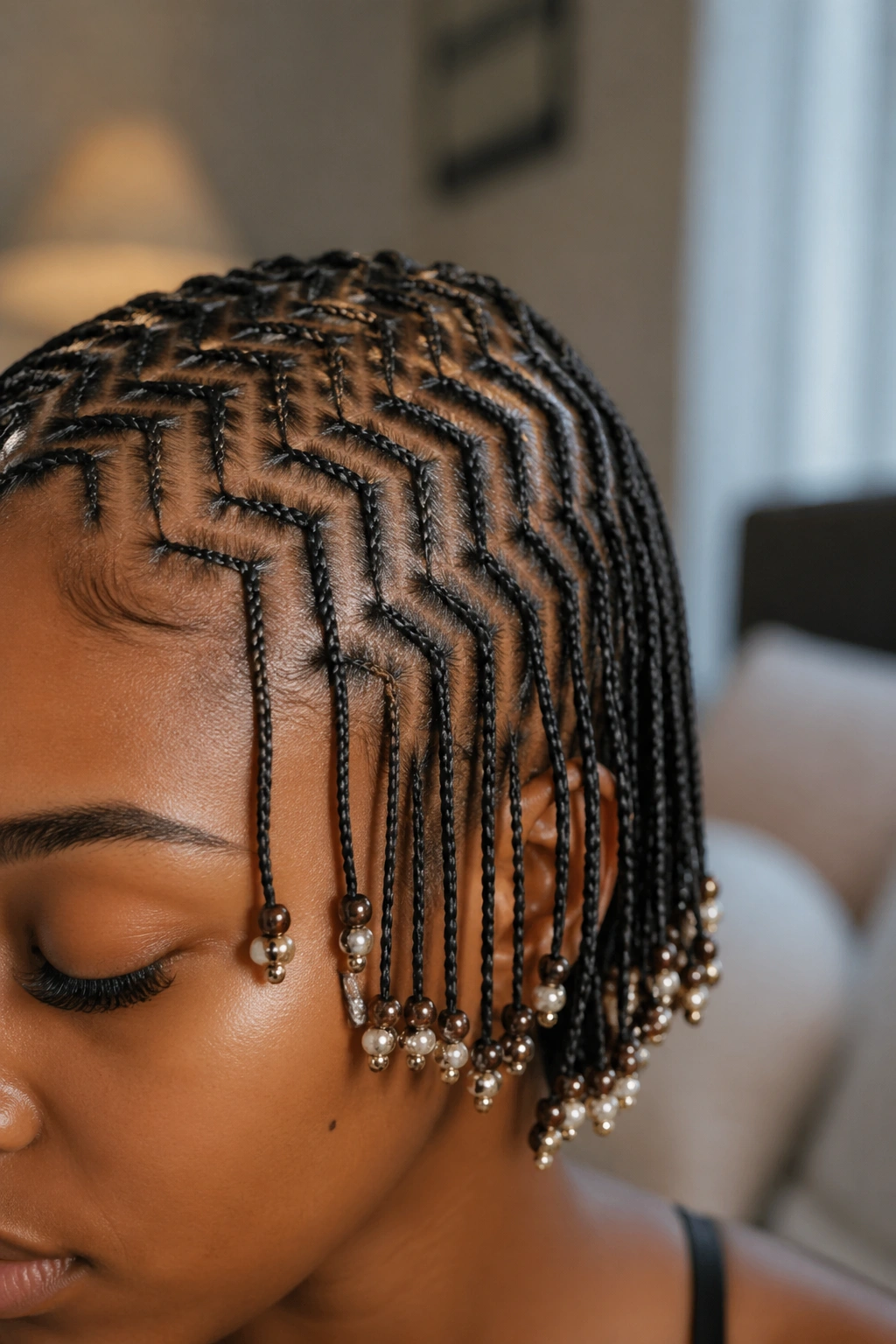 Close-up of a real person with twenty thin zigzag cornrows ending in tiny seed bead clusters.