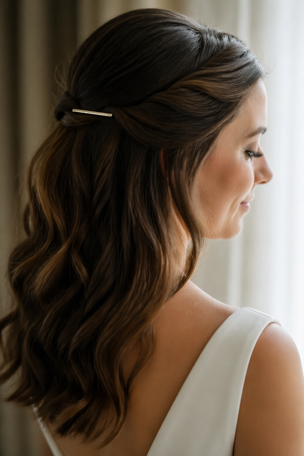 Bride's half-up hairstyle with a slim barrette and smooth waves