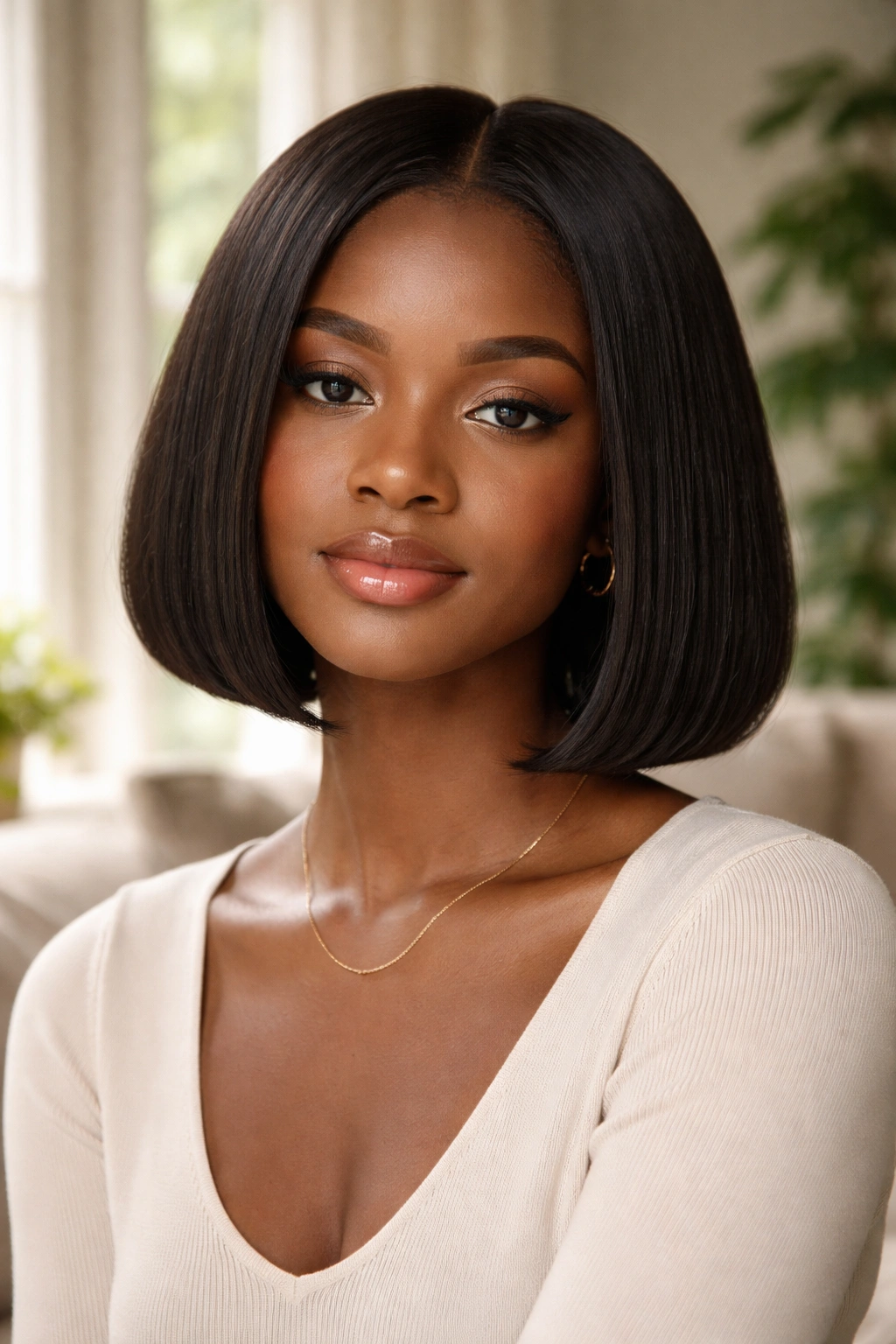 Close-up of a real person with a clean, chin-length minimal afro bob