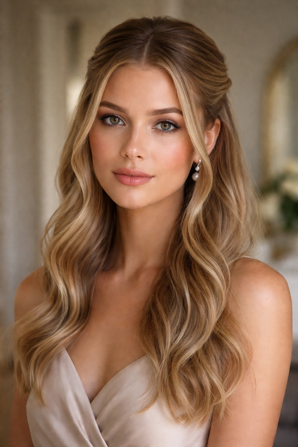 Close-up of minimal center-part half-up hairstyle on a real woman