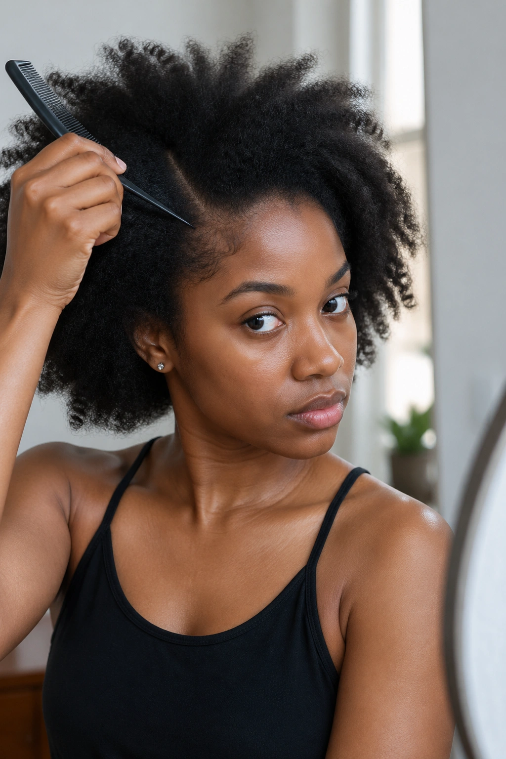 Portrait of a real woman using a minimal set of hair tools for cornrows