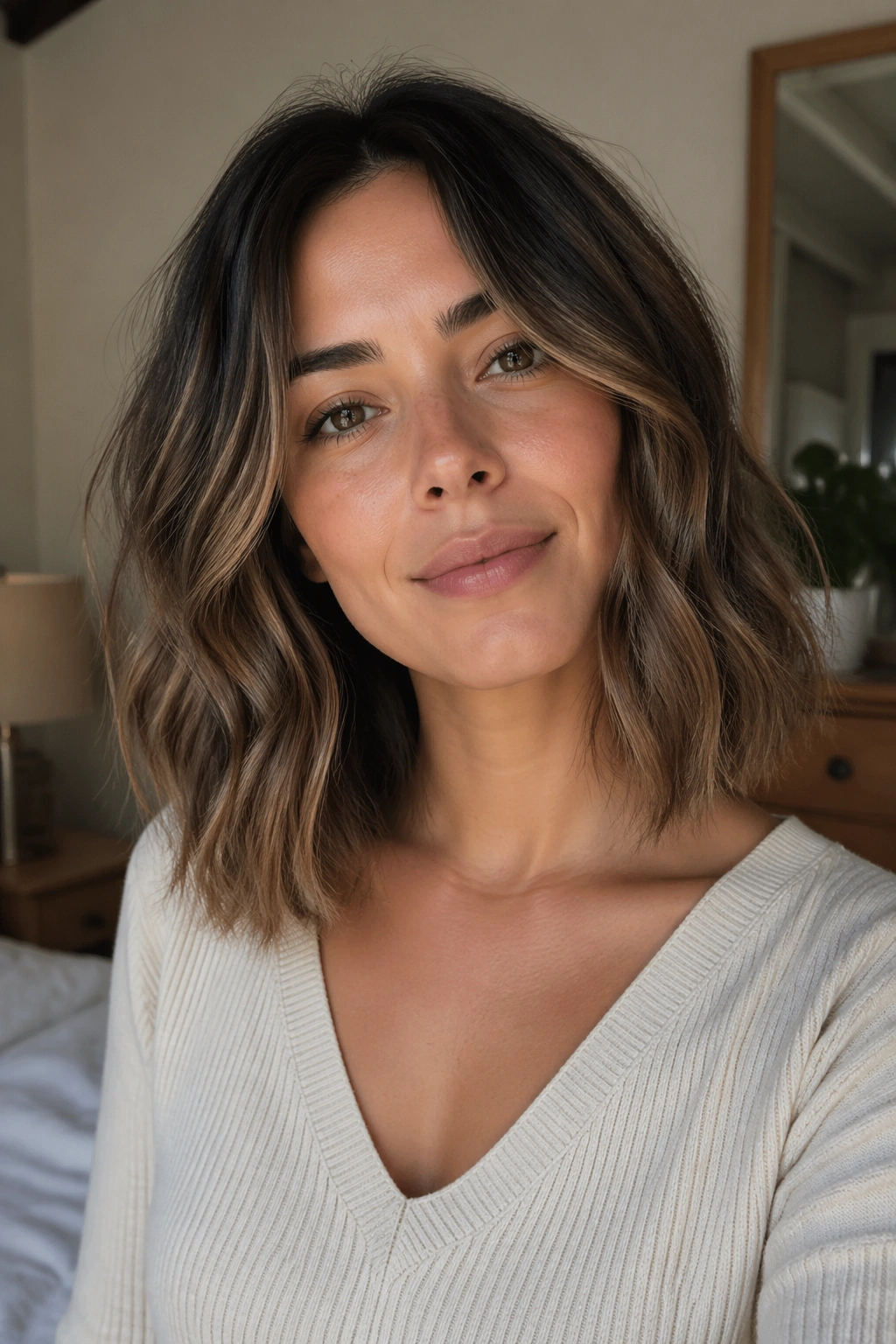 Portrait of a real woman with a minimal-layer lob for fine waves