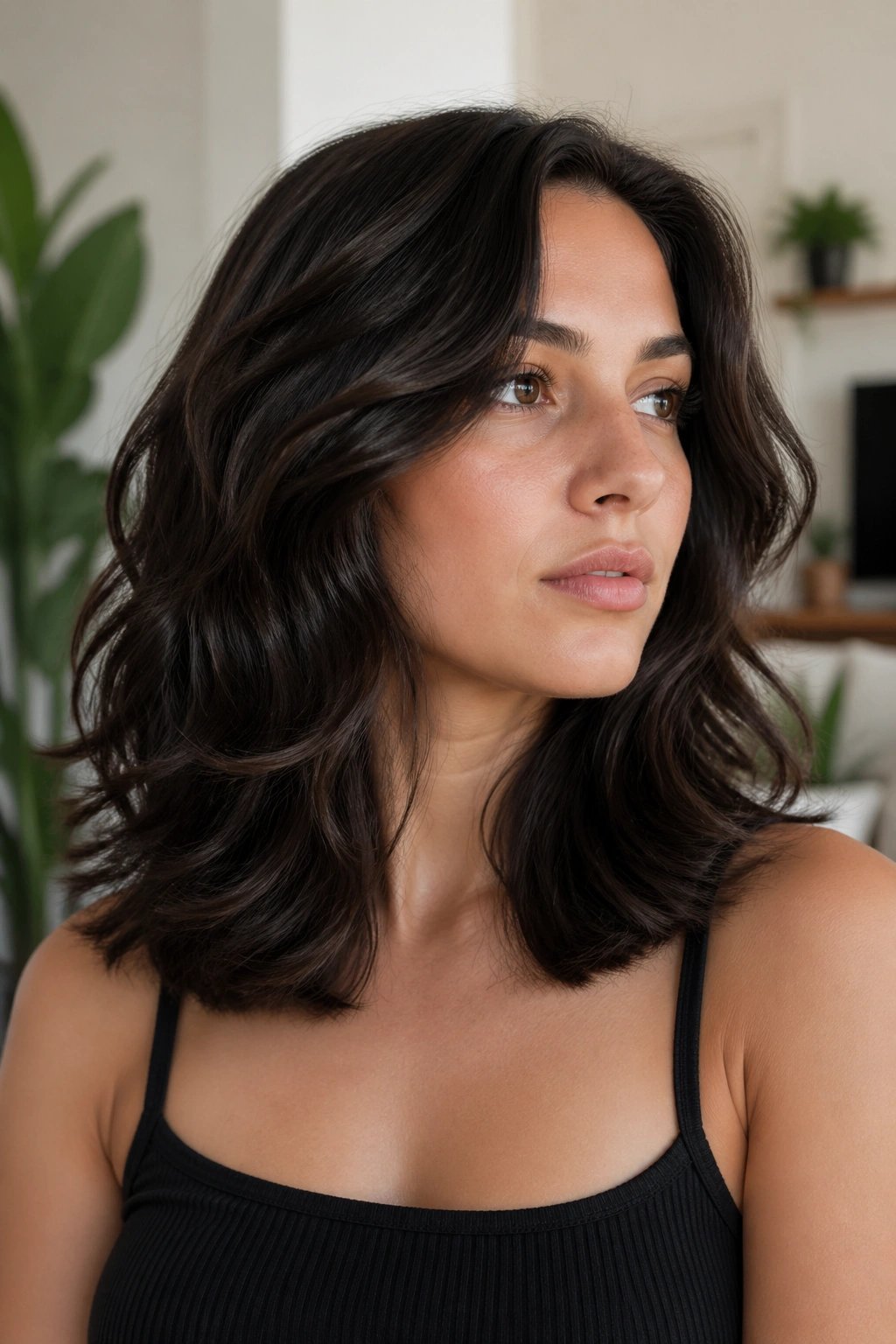 Real person with minimal-layer butterfly cut for thick coarse waves in natural light