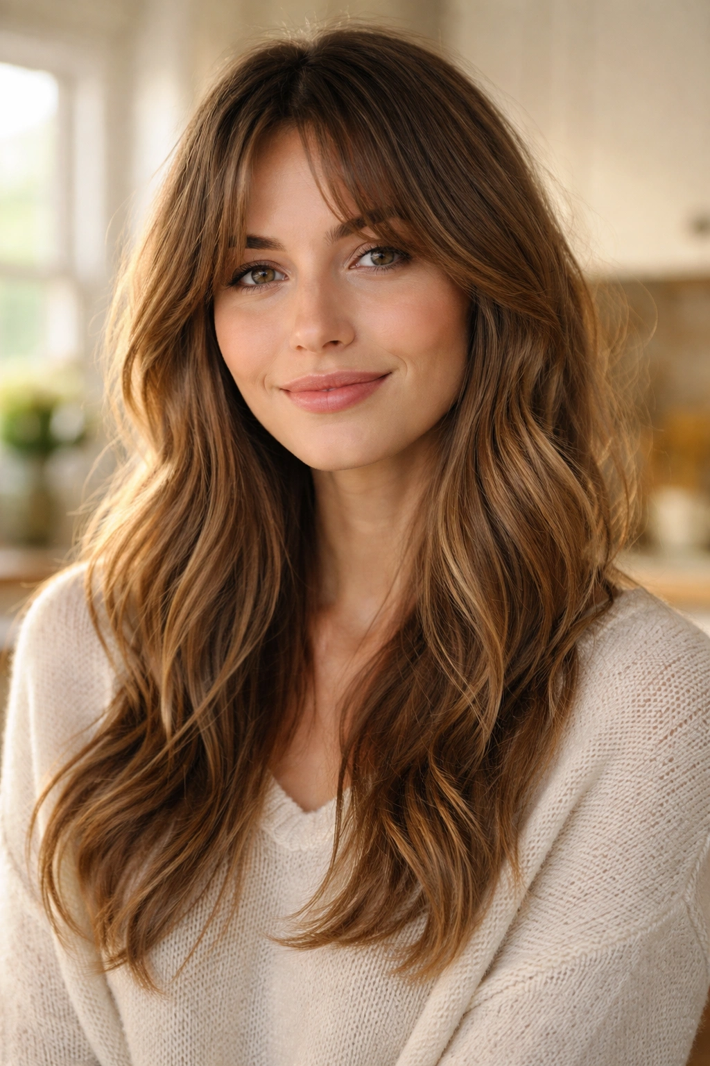 Close-up of a real woman with minimal-maintenance curtain bangs and soft layers