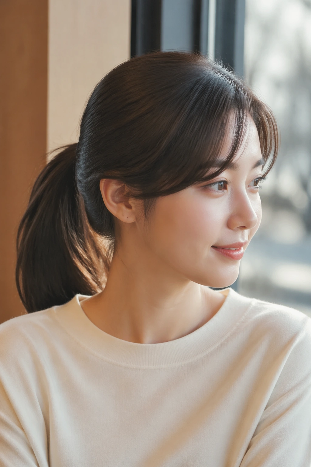 Close-up of a woman with a mid ponytail and side bangs in daylight