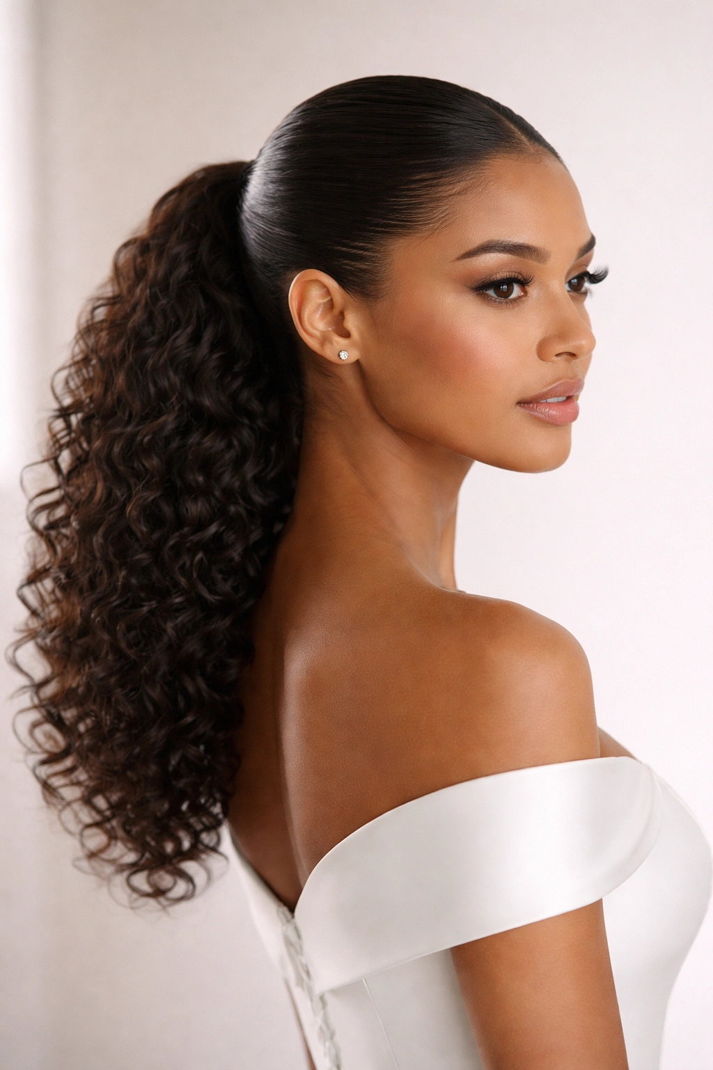 Minimal curly ponytail with clean part and hidden elastic, no accessories