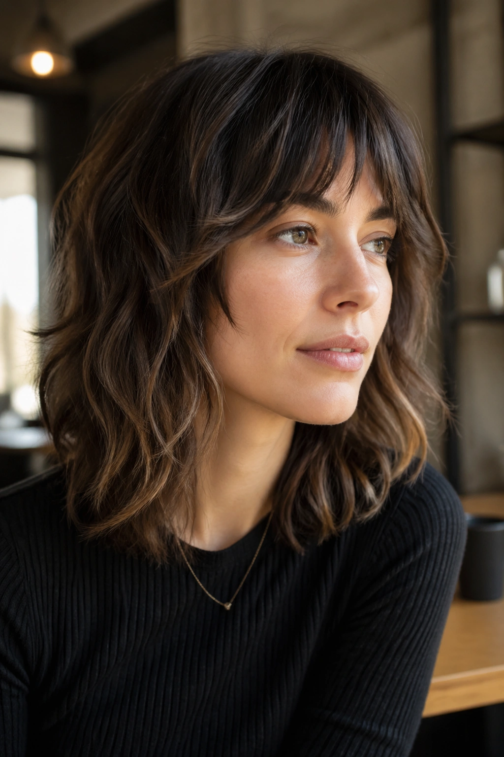 Close-up of a real woman with minimal texture shag and soft waves.