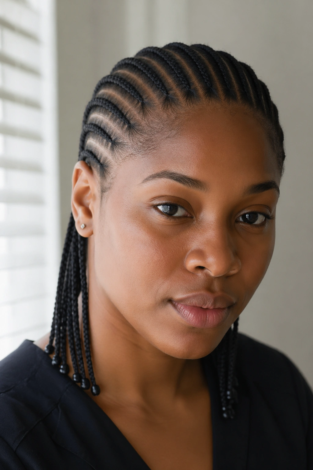 Portrait of a real person with cornrows ending in tiny beads, no other adornments.