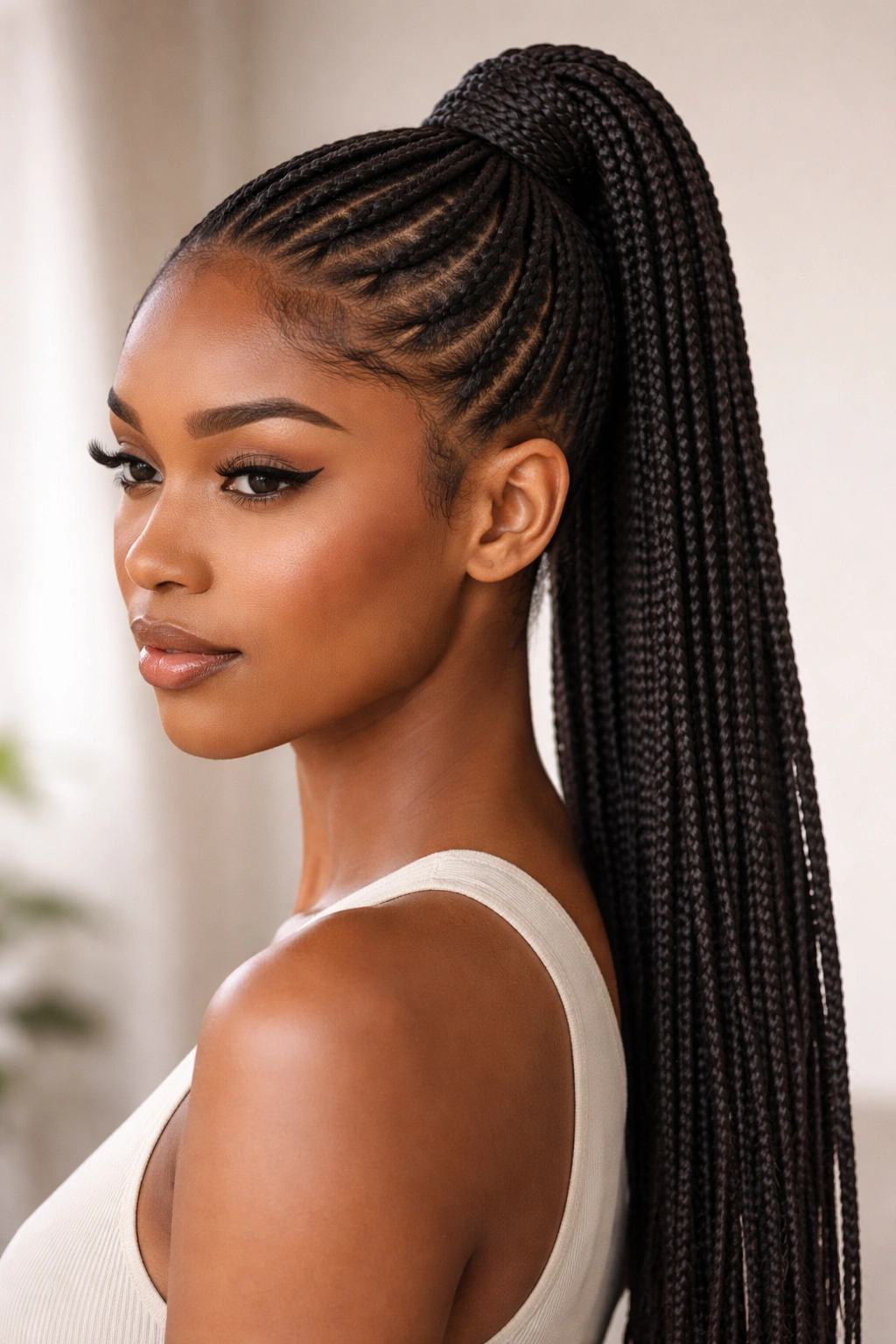 High ponytail with knotless braids and no accessories