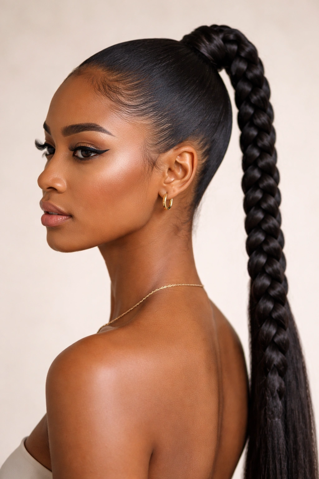 Close-up of a Black woman with a minimalist high braided pony