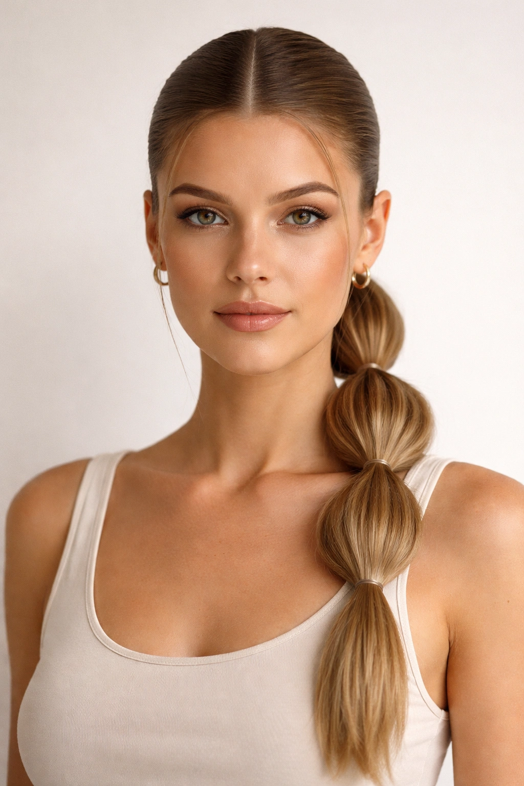 Frontal portrait of minimalist center-part bubble braid ponytail with three bubbles