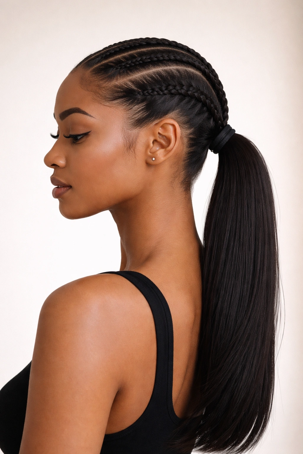 Minimalist two-braid side ponytail in clean lines