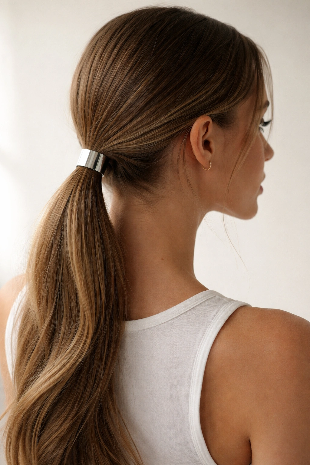Low ponytail with a minimalist metal cuff around the elastic